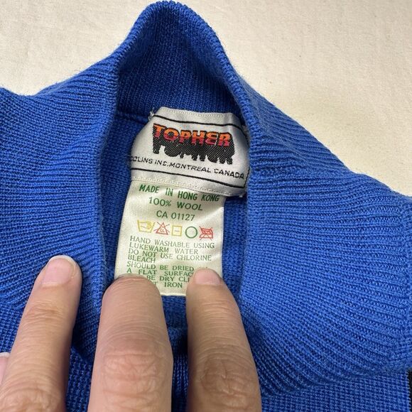 Vintage 80s Topher 100% Wool Sweater Blue Black Stripe Mod Style - Picture 5 of 6